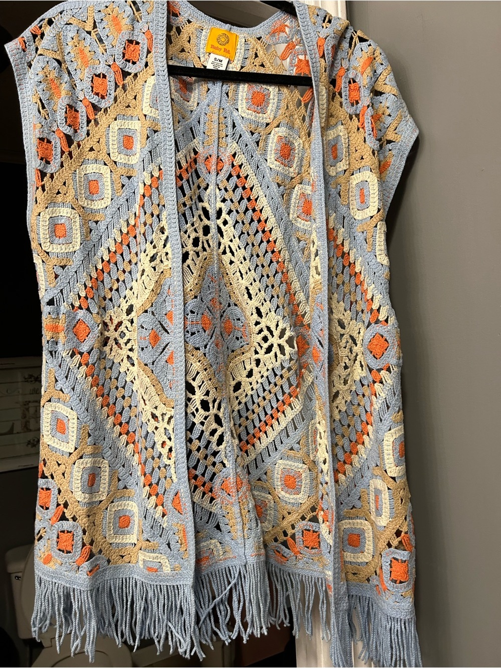 Ruby Rd. Crochet Fringe Openwork Vest in Light Blue, Cream & Orange